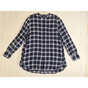 Lands End Womens M 10 12 Blue Plaid Flannel Button Up Cotton Shirt Side Pockets